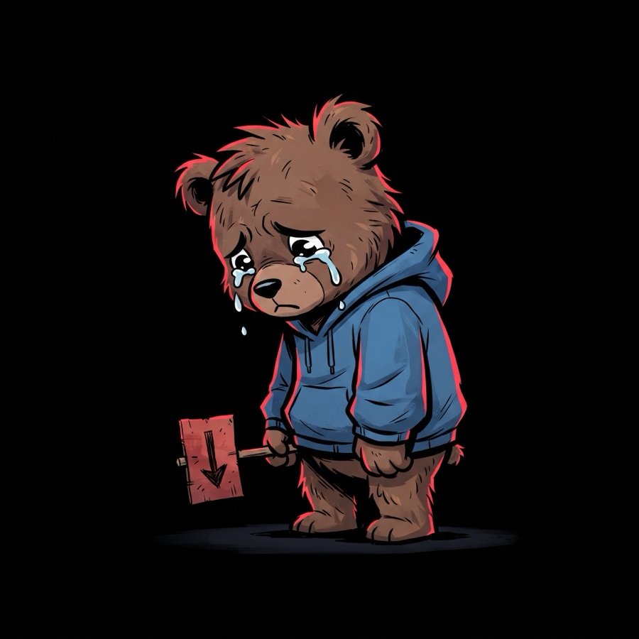 A small crying bear holding a drooping down-arrow sign